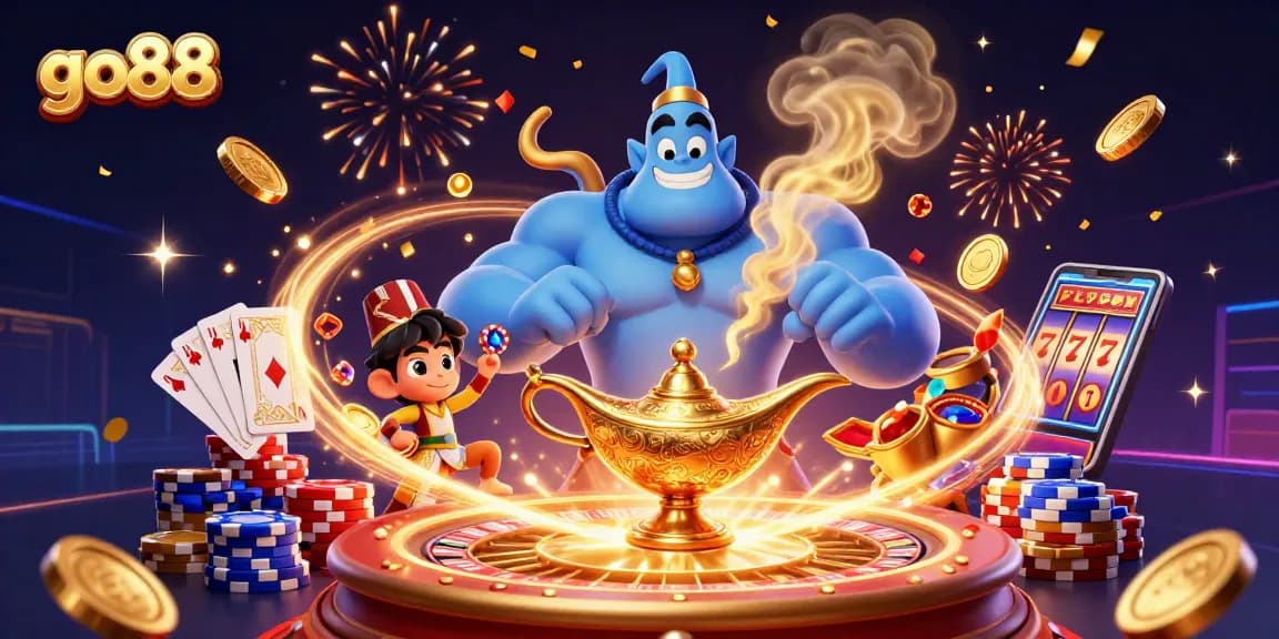 Experience the thrill of go88 casino gaming with a festive 3D genie, poker chips, and jackpot excitement.