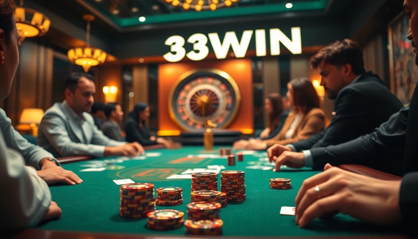33WIN thrilling poker gameplay featuring vibrant chips, cards, and a roulette wheel in a glamorous casino.
