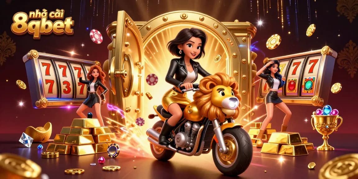 Experience the excitement of nhà cái 8qbet with a glamorous Asian character amidst opulent casino elements.