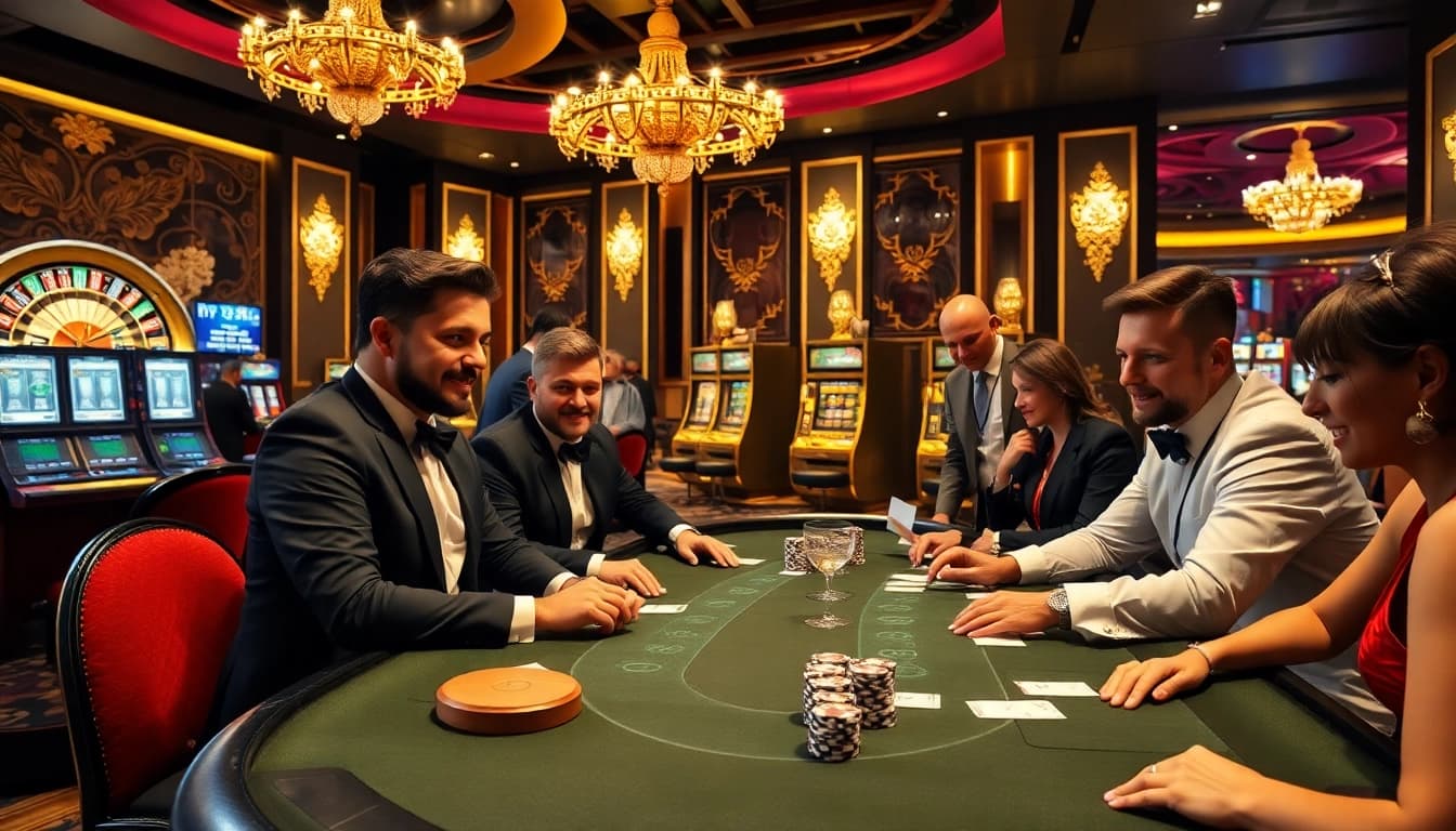 A vibrant casino scene at https://da88.london with players engaging in a high-stakes poker game, showcasing excitement.
