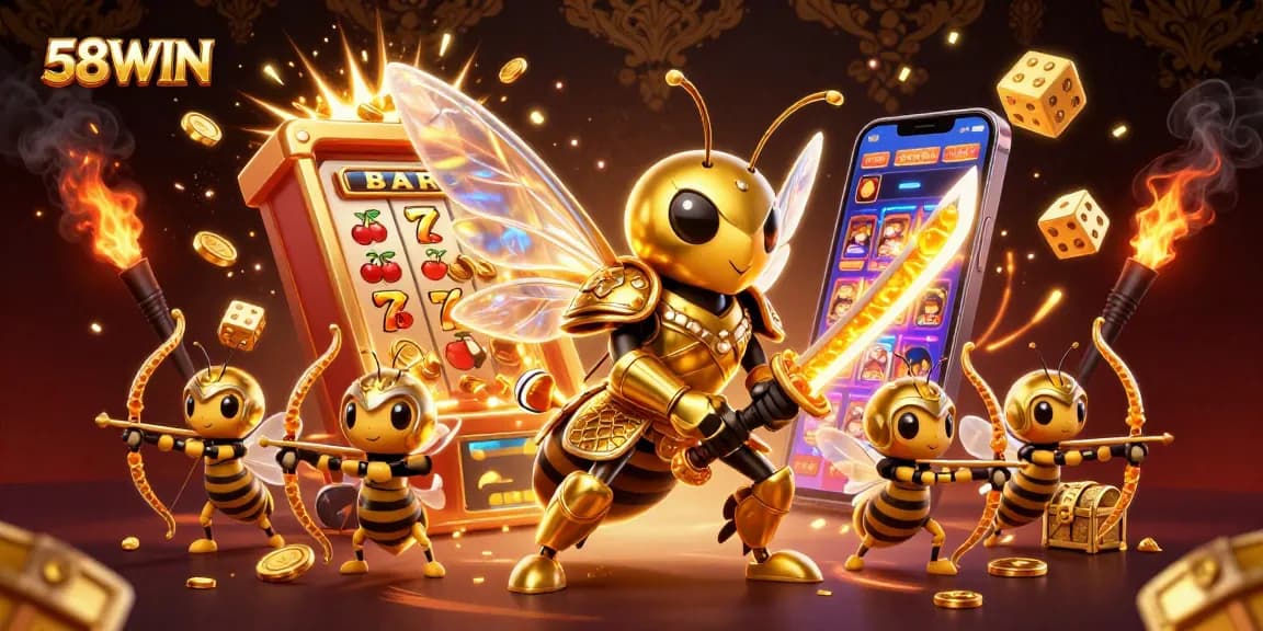 Experience the thrill of winning at 58WIN with a vibrant jackpot scene featuring golden elements.