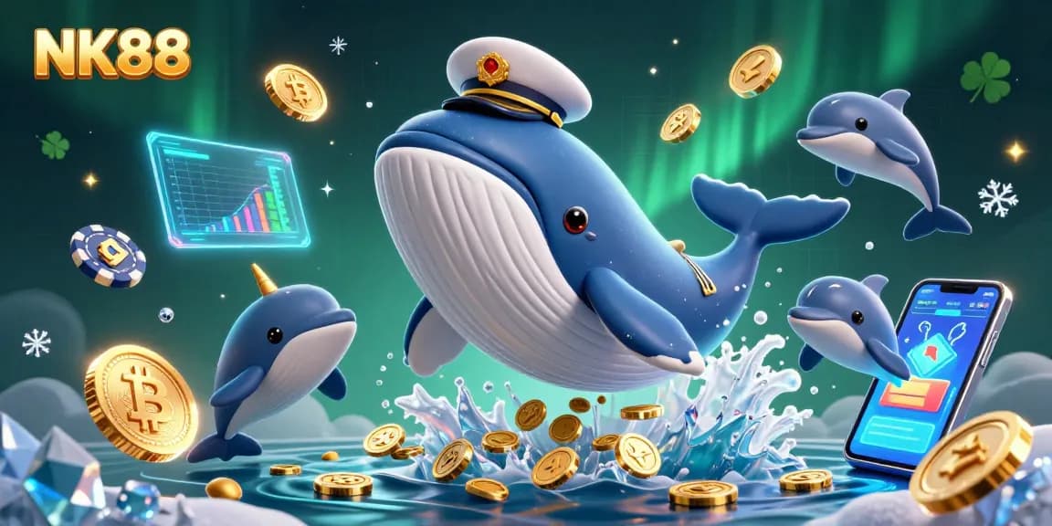 Navigating the exciting features of NK88 with a whale, narwhal, and playful dolphins surrounded by shining coins.
