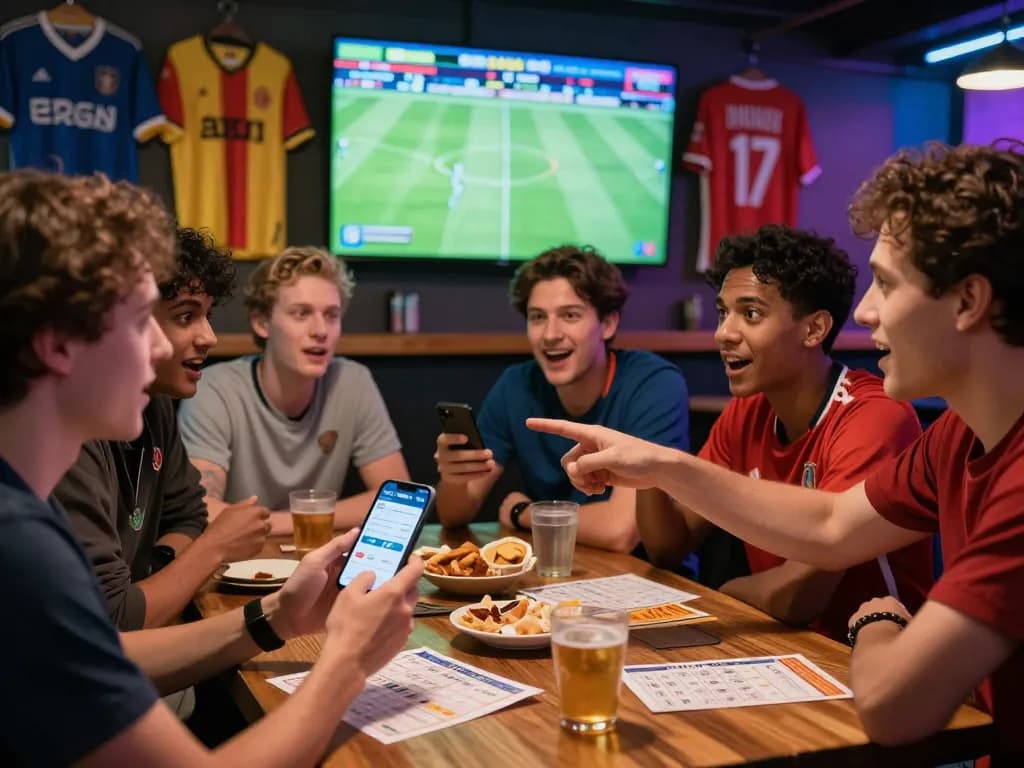 Excited friends enjoying sports at 1gom gaming environment with live betting.