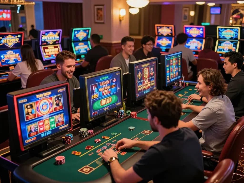 Players enjoying online casino gaming on devices at https://sc88.casino/ in a vibrant environment filled with colorful visuals.