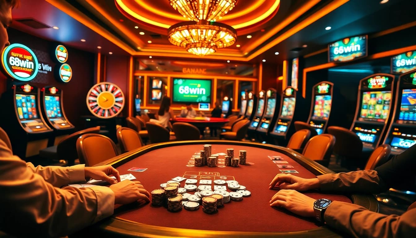 A vibrant casino scene with players at a poker table and a roulette wheel, showcasing excitement for 68win.