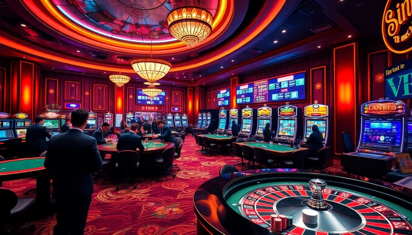 SIN88 casino scene with players around roulette wheel and poker tables, immersing in a luxurious gambling atmosphere.