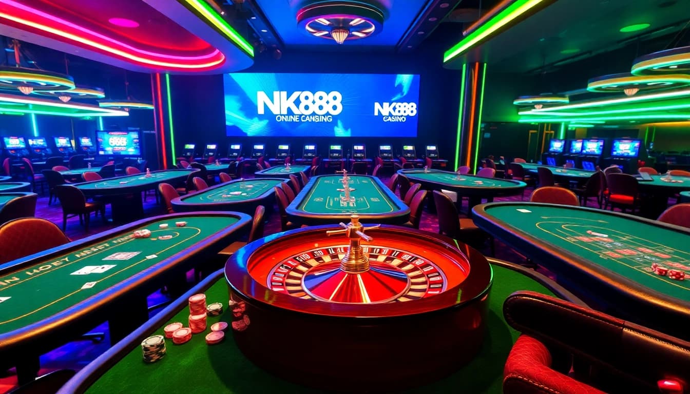 Experience the thrill of gambling at NK88, featuring casino tables, poker chips, and vibrant neon lights.