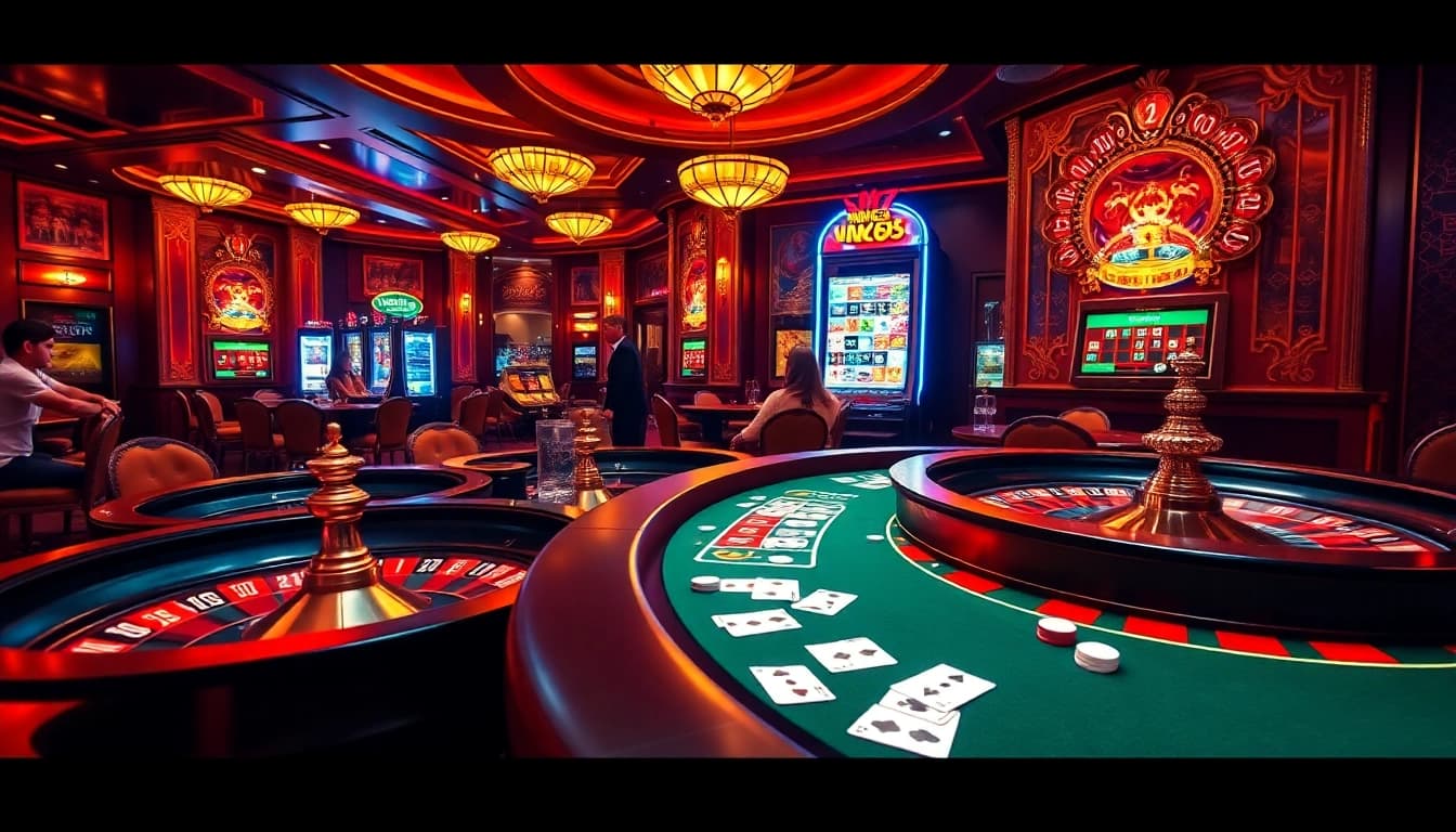 Exciting gameplay at win678 com highlighted by roulette tables, poker chips, and illuminated slot machines.