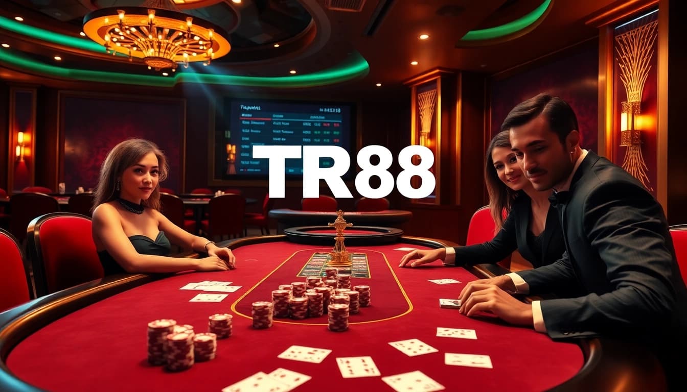Engaging casino players at TR88 poker table showcasing excitement and high-stakes chips.