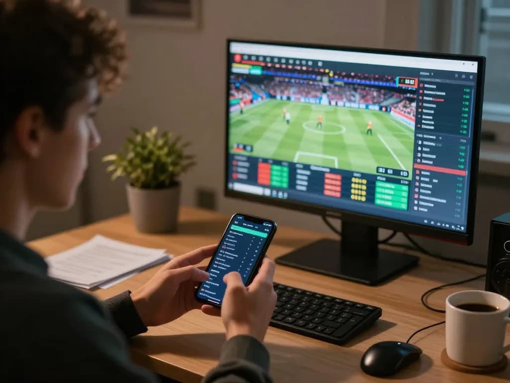 Betting on sports with debet app on smartphone in modern home office setting.