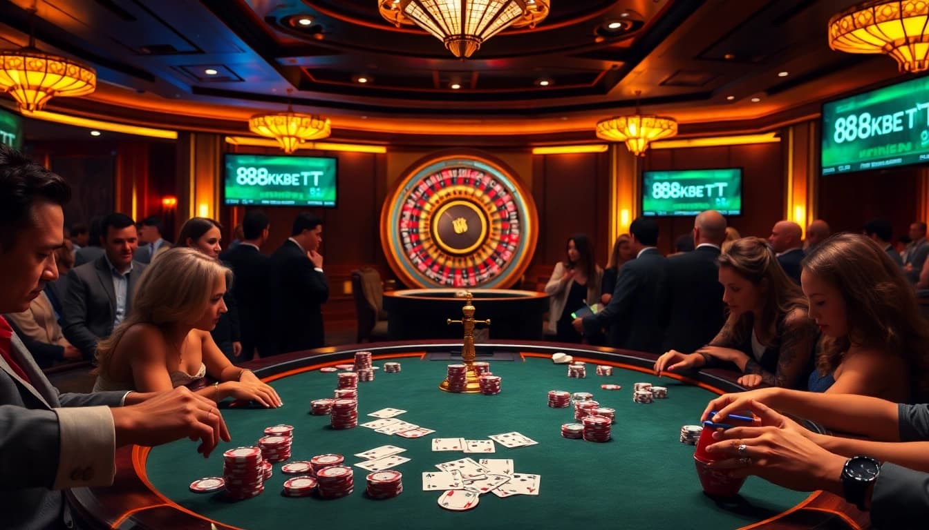 Exciting casino scene with poker chips and 8KBET branding, highlighting high-stakes gameplay.