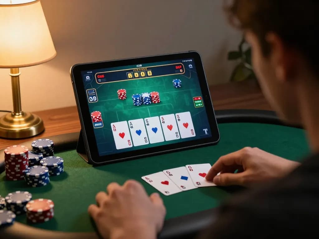 Player strategizing in ko66 online poker game with warm setup and focused ambiance.