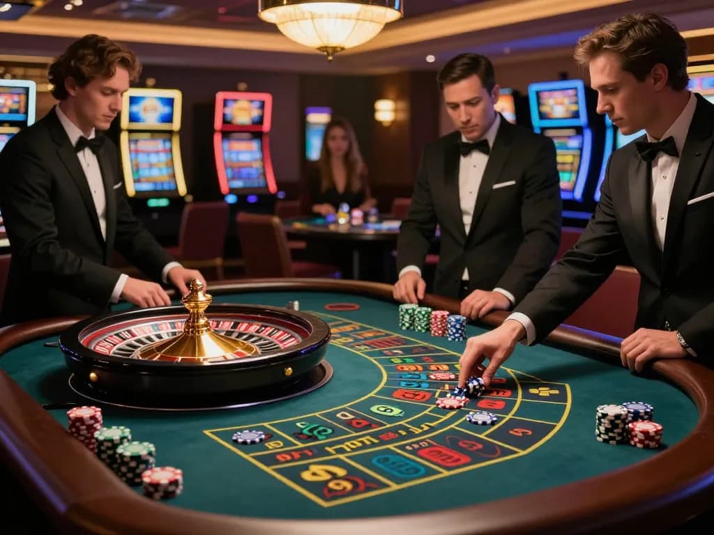 Engaged players placing bets at the roulette table during a lively casino scene at 79kingt1.