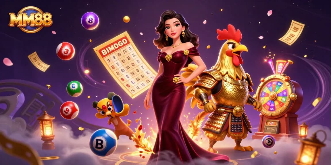Experience the excitement of MM88 with vibrant casino elements and dynamic characters in this detailed illustration.