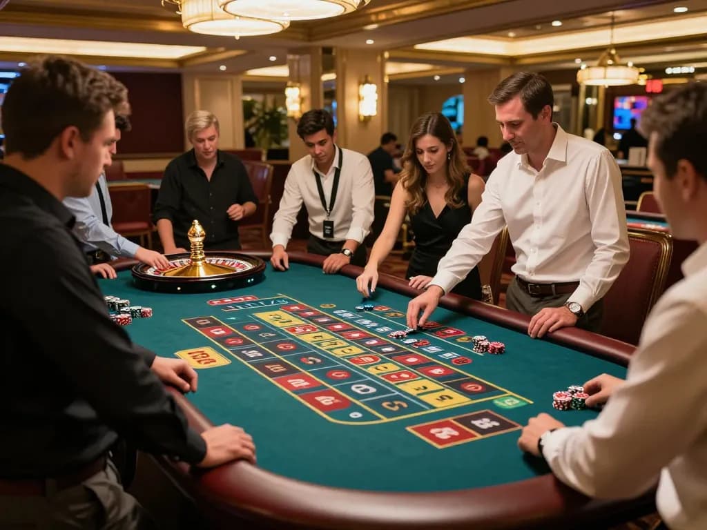 Players engaging in a thrilling roulette game at 555win's upscale casino, emphasizing excitement and luxury.