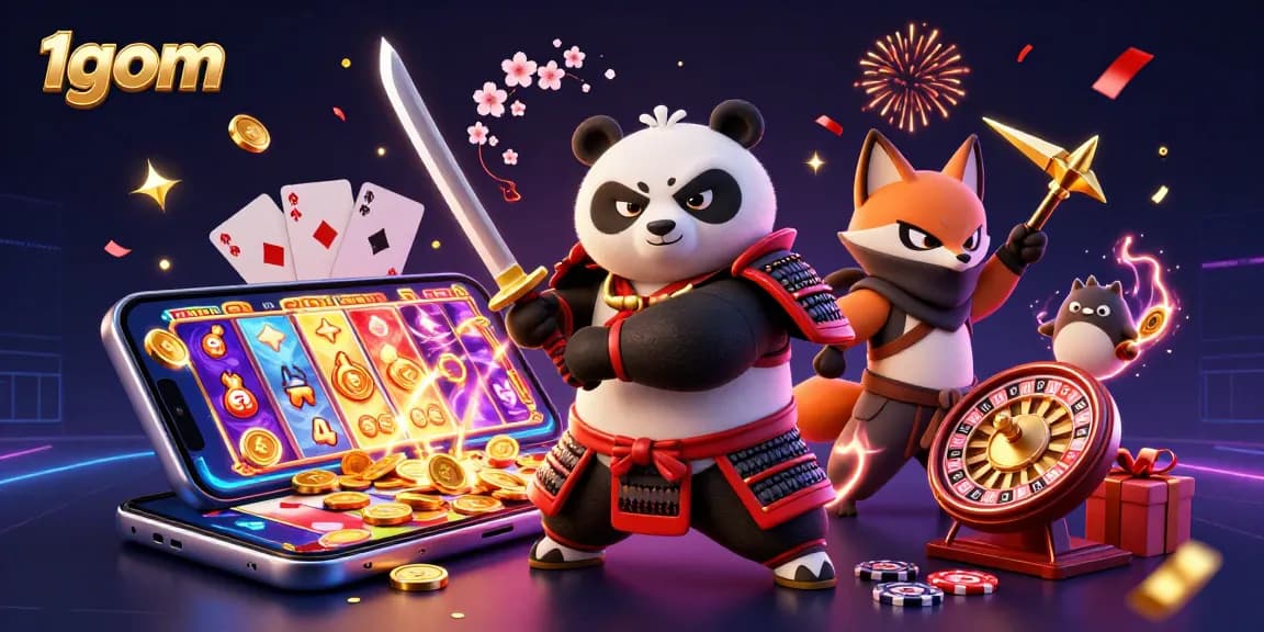 Engage with 1gom's vibrant gaming scene featuring a cartoon samurai panda, ninja fox, and dynamic casino elements.