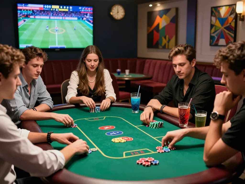 Exciting poker game at https://topbet8x.com/ casino with friends, colorful chips and drinks creating vibrant atmosphere.