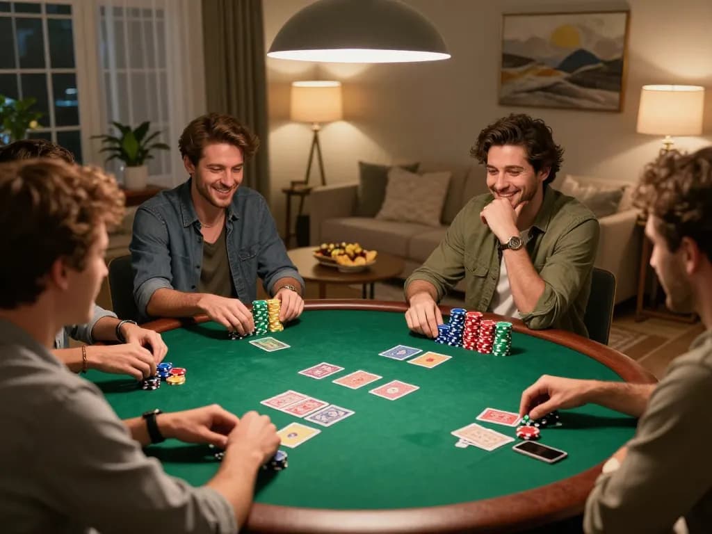 Friends enjoy an exciting poker night at home with 577F, showcasing vibrant gameplay and camaraderie.