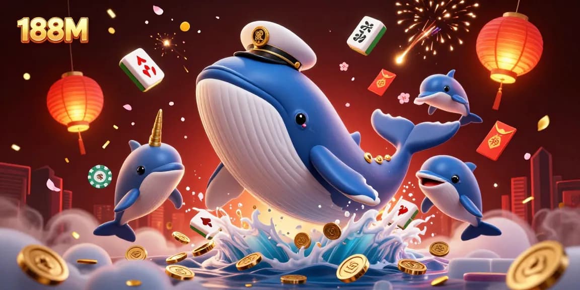 Experience the excitement at 188M with playful dolphins and a majestic whale in a vibrant casino scene.