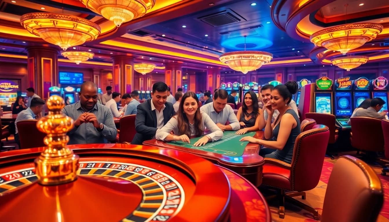 Players enjoying a vibrant casino atmosphere at https://thabethome.com/, featuring roulette and poker games.