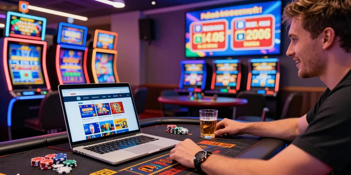 Excited player engaging with vibrant mastercard casinos online, showcasing promotions and lively gaming atmosphere.
