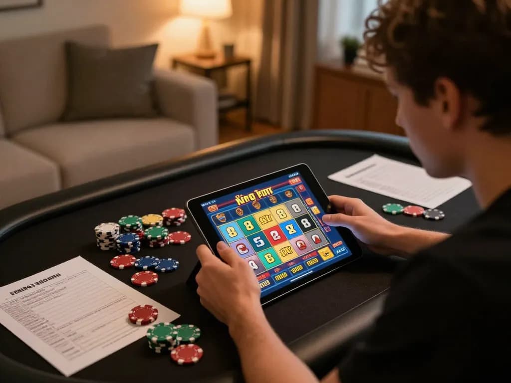 Engaged player enjoying nổ hũ game on tablet in a cozy home setting.