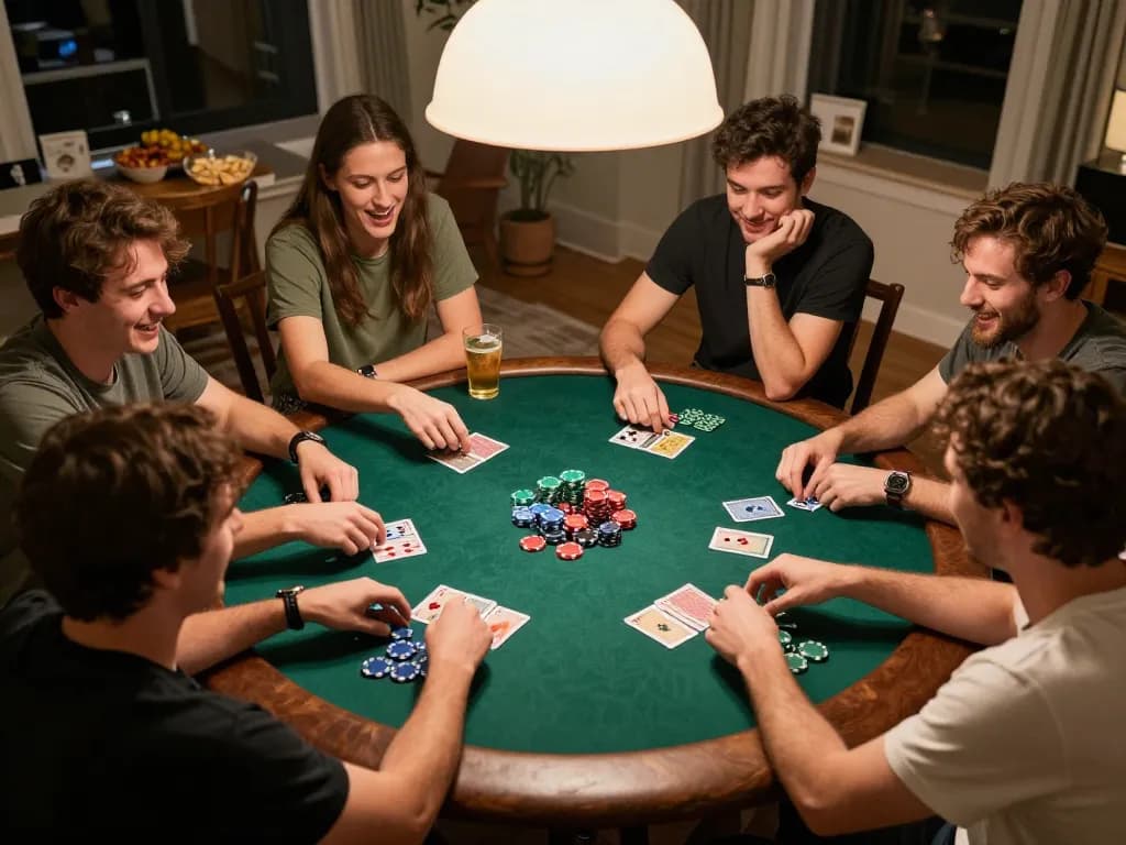 Players enjoying a poker night at home, showcasing uu88 strategies and camaraderie in action