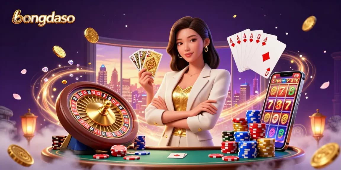 Bongdaso showcases vibrant casino action with an elegant woman holding golden cards amidst floating coins and roulette wheel.