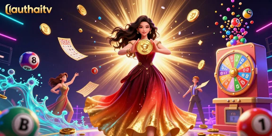Experience thrilling gameplay with lauthaitv's vibrant lottery and gaming illustration featuring dynamic elements.