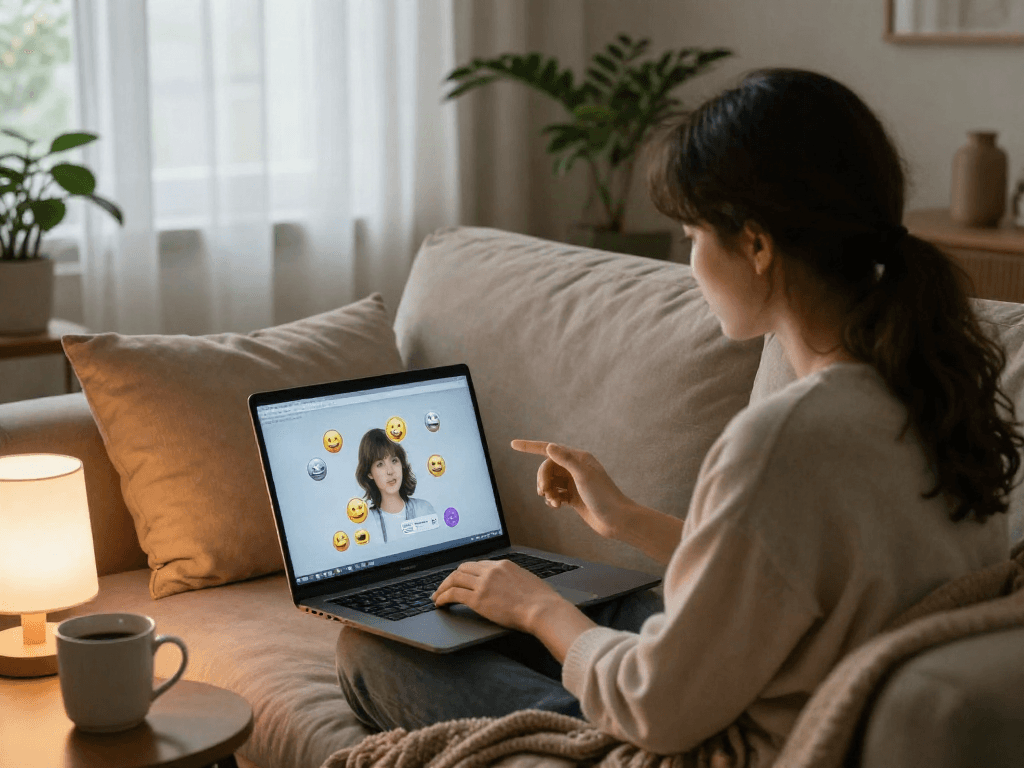 Engaged user enjoying interaction with AI girlfriend in cozy home setting.