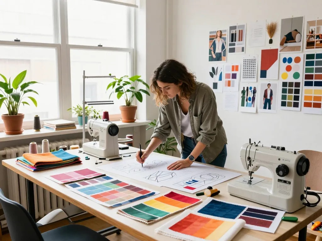 Sunwin designer actively creating innovative textile patterns in a vibrant studio.