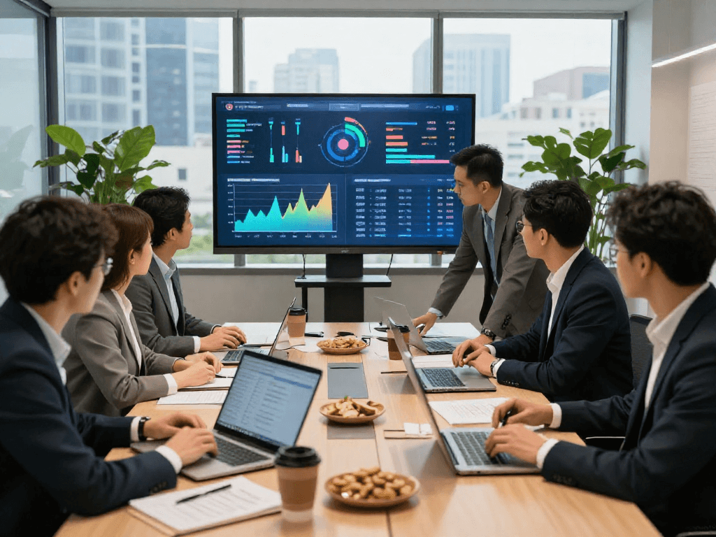 Team collaborating on strategic goals with IDXSTAR analytics in a modern office.