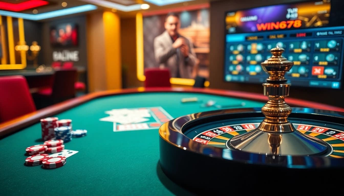 WIN678 players enjoying a thrilling online casino experience with chips and cards.