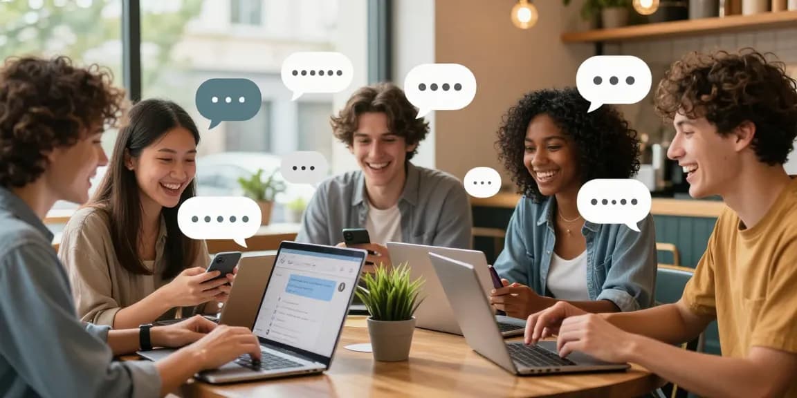 Engaging spicy chat scene with friends using AI companions at a cafe.