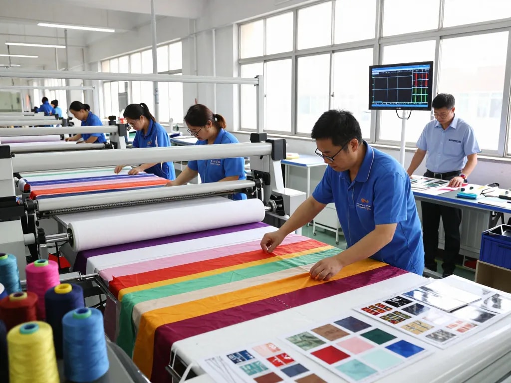 Sunwin textile production scene showcasing skilled workers and vibrant fabrics.