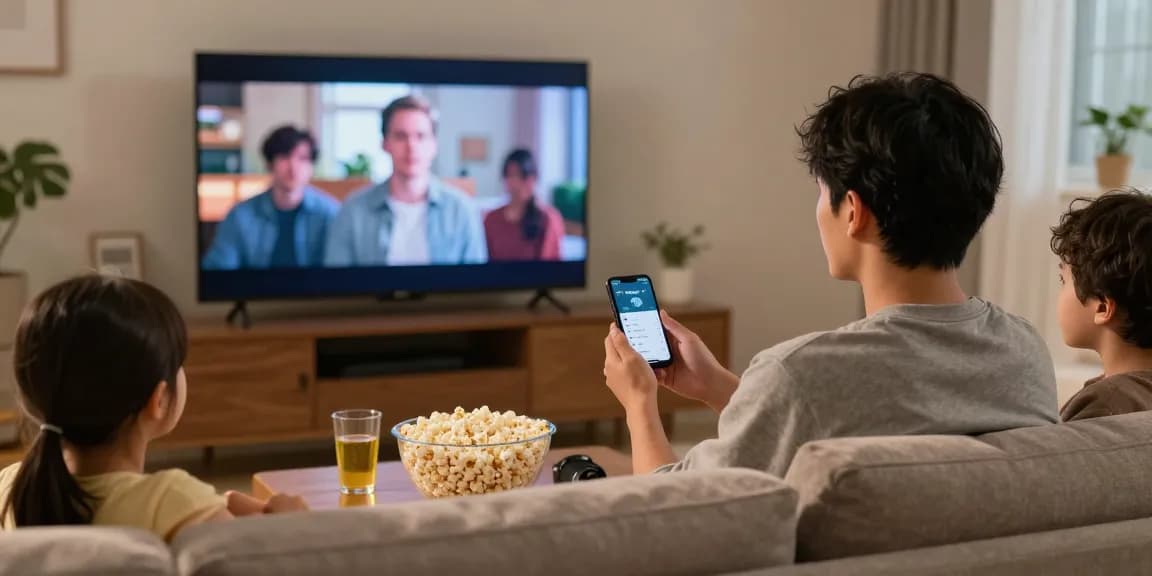 Pikashow APK download - Family enjoying movies using the Pikashow app on a smart TV in a cozy living room.