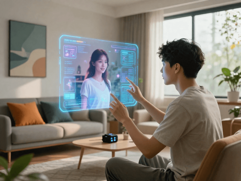 Engaging with an AI girlfriend in a modern living room, showcasing futuristic holographic interaction and smart technology.