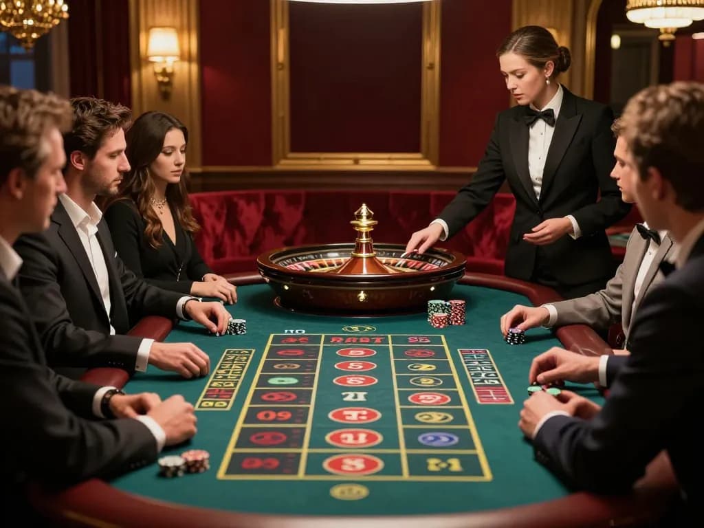 BOMWIN roulette action with players engaged in betting and croupier managing the table