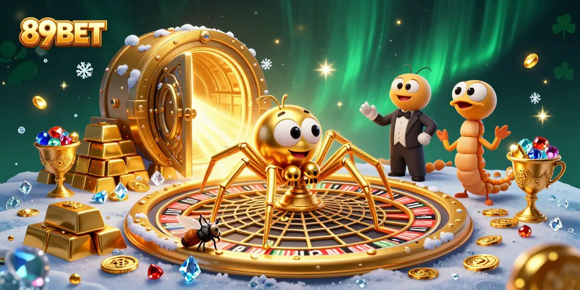 Spin the web of fortune at 89BET with a nervous fly and golden spider in a dynamic casino scene.