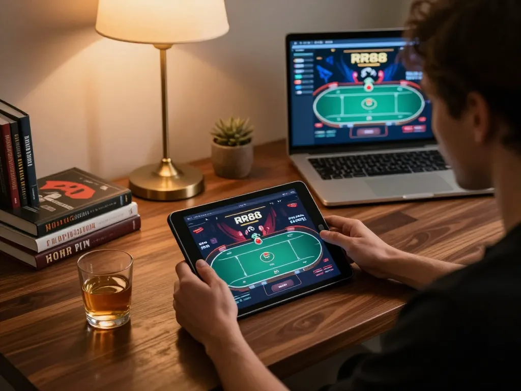 Engaged player exploring RR88 poker game on a cozy tablet setup, emphasizing strategic gameplay.