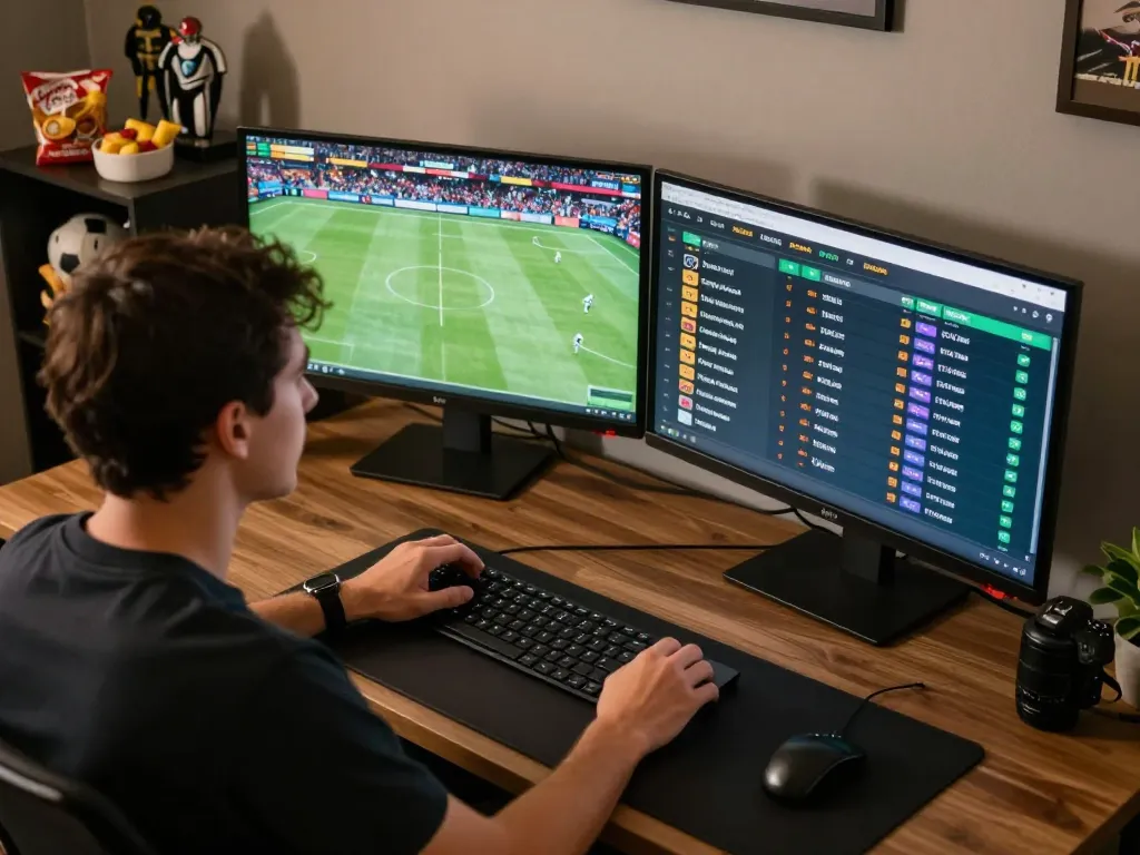 Betting strategies come to life in an engaging online setup at 88clbgo with dual screens showing live sports and betting odds.