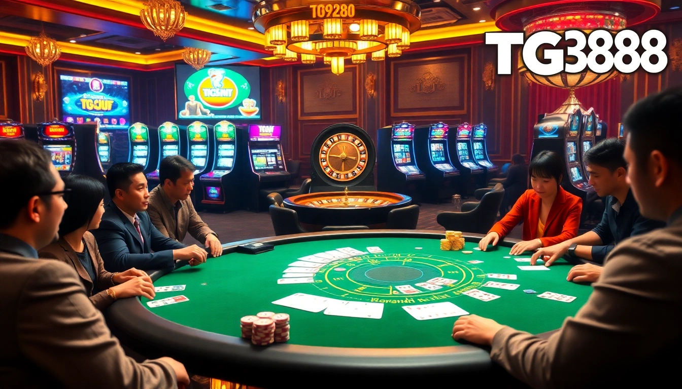 Experience the thrill at TG88 with vibrant poker chips and a roulette wheel in a luxurious casino setting.