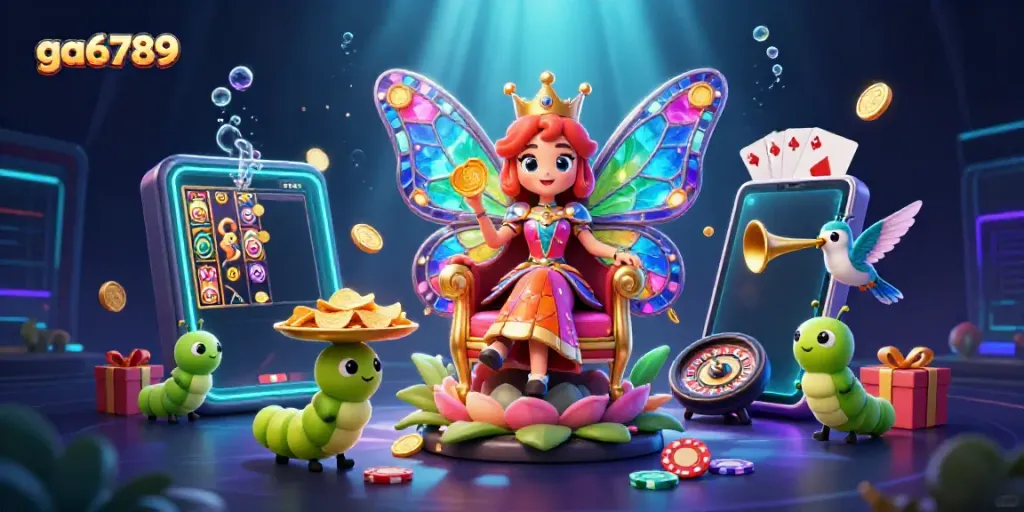 Experience the vibrant gaming universe of ga6789 with the captivating butterfly queen illustration.