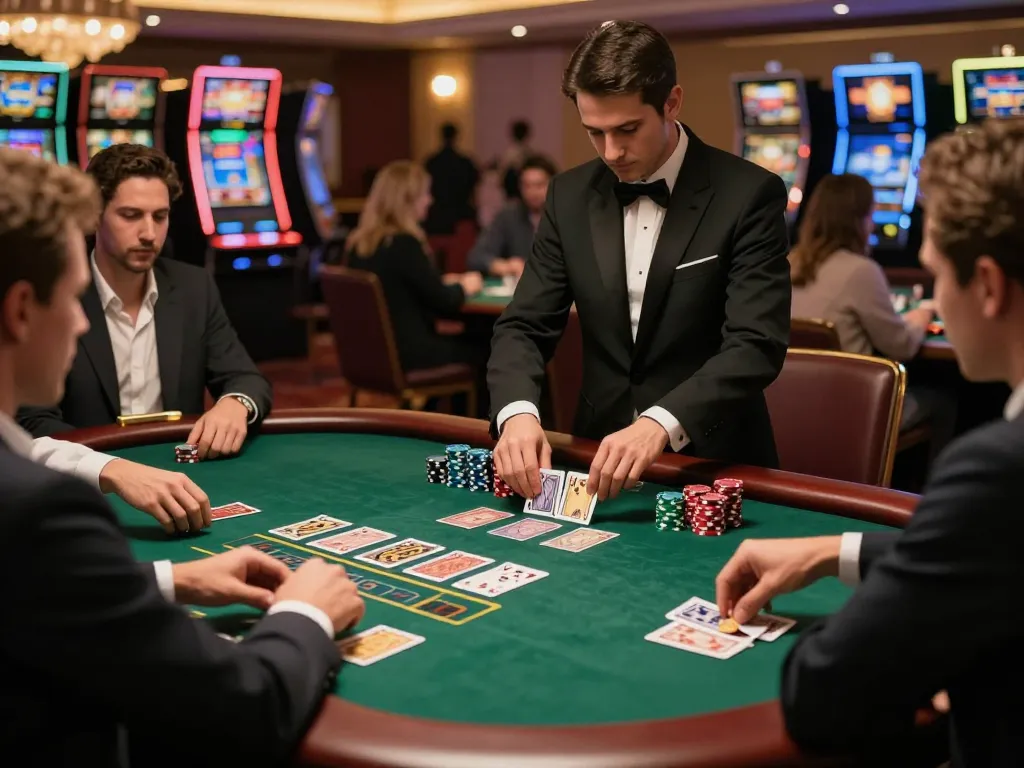 ONE88 blackjack table action featuring engaged players and professional dealer in a luxe casino.