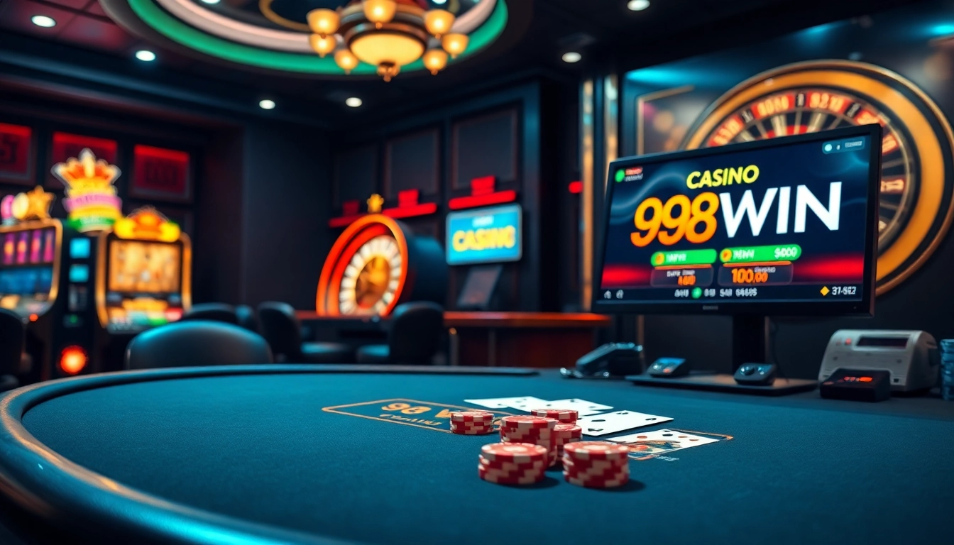Thrilling poker action at 98WIN casino, featuring vibrant slot machines and a roulette wheel.