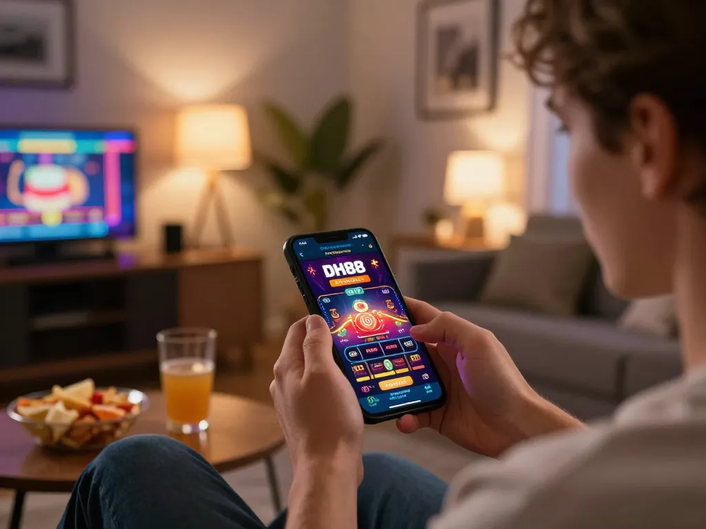Play DH88 on a smartphone, engaged in online gambling with a cozy, inviting atmosphere.
