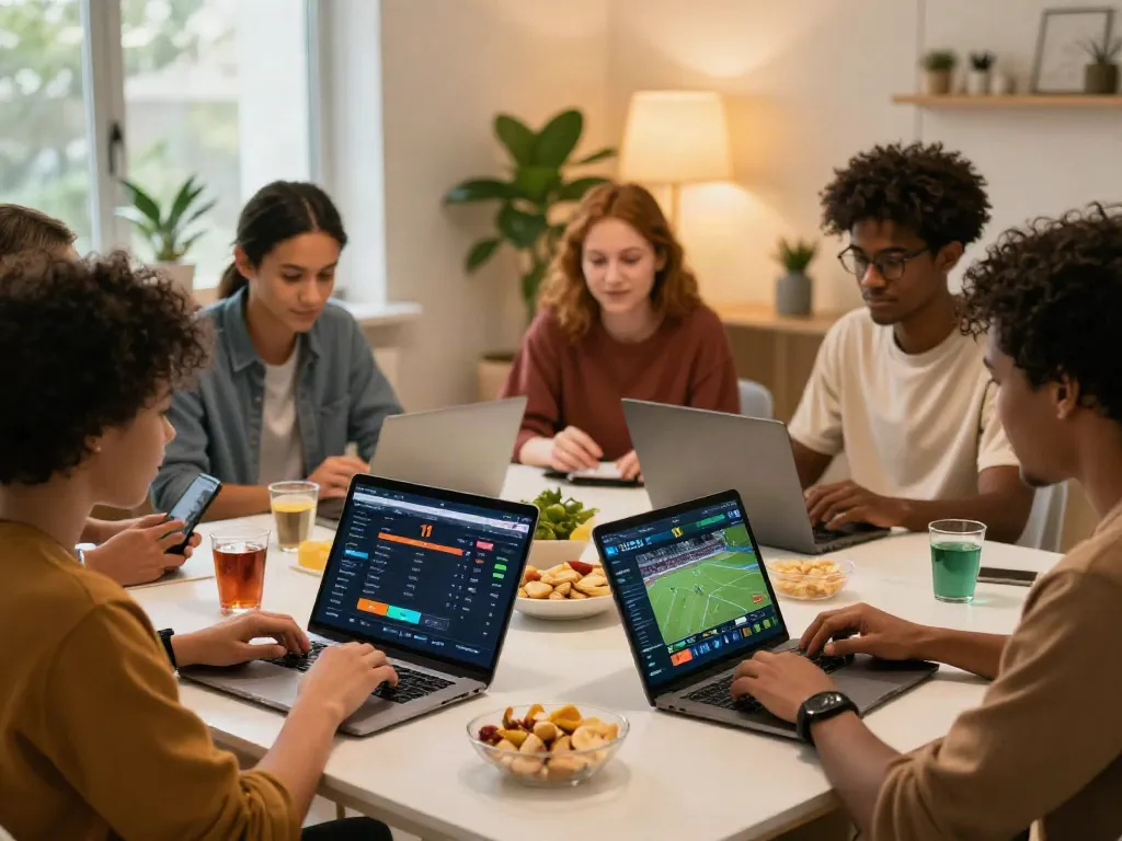 Friends enjoying online betting together on 11 bet app in a lively setting.