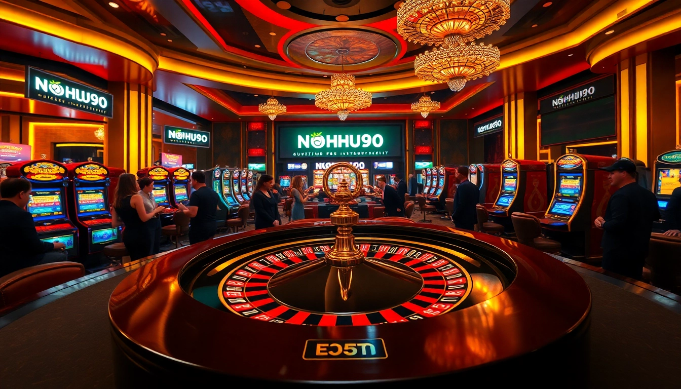 Experience the excitement of NOHU90 with vibrant players at a luxurious casino table.