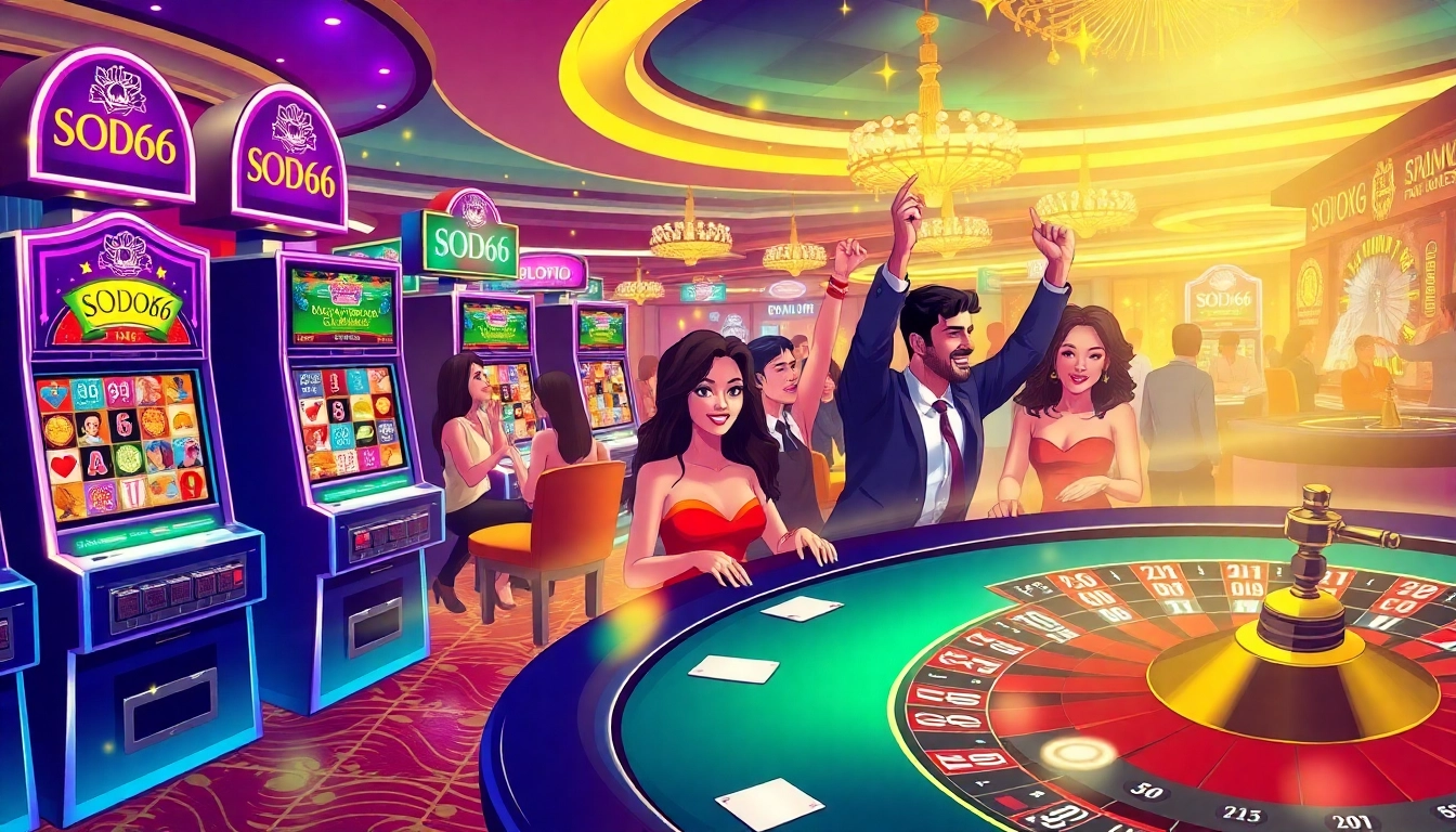 Excited gamblers celebrating a win at SODO66 casino with vibrant slot machines.