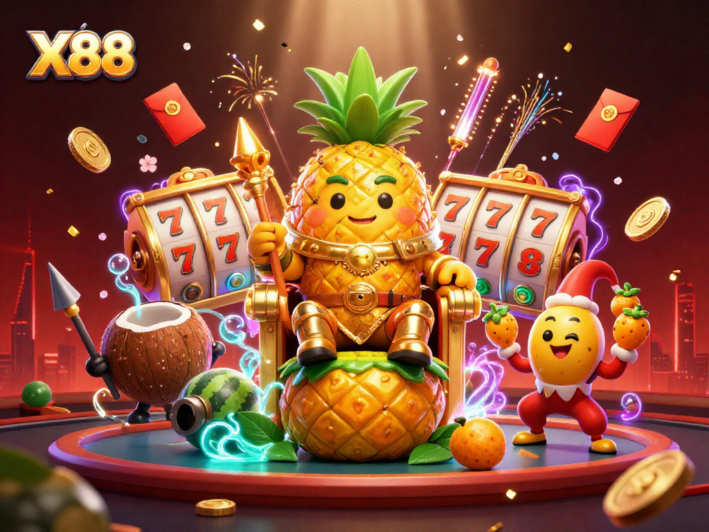X88 casino scene featuring a golden pineapple king and jester amidst vibrant casino elements.